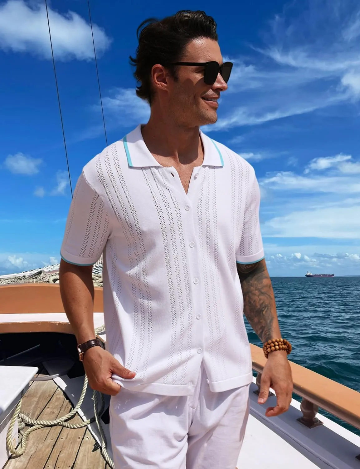 2025 New Men's Knit Button Down Shirt Vintage Short Sleeve Polo Shirts Summer Casual Beach Tops S-3XL