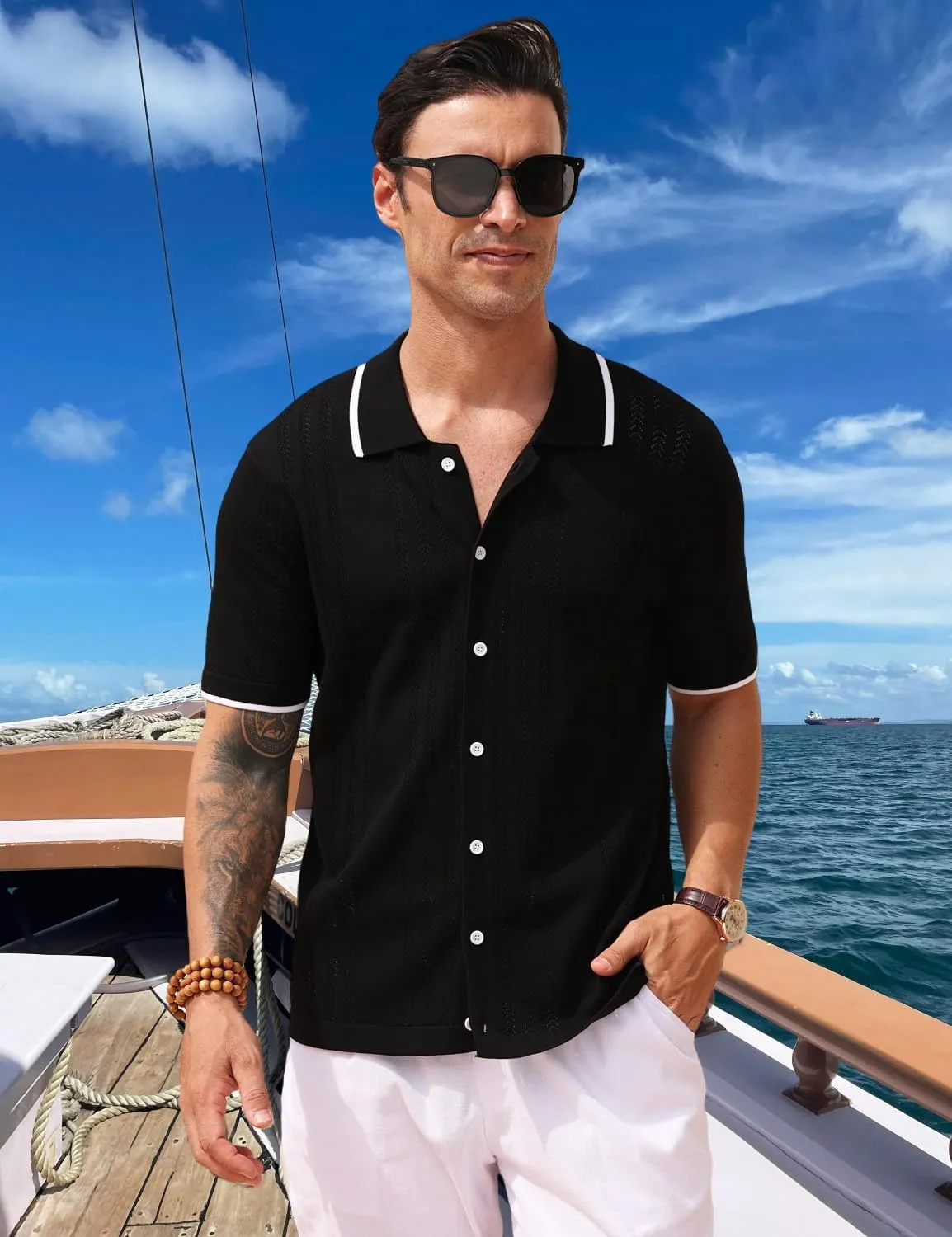 2025 New Men's Knit Button Down Shirt Vintage Short Sleeve Polo Shirts Summer Casual Beach Tops S-3XL