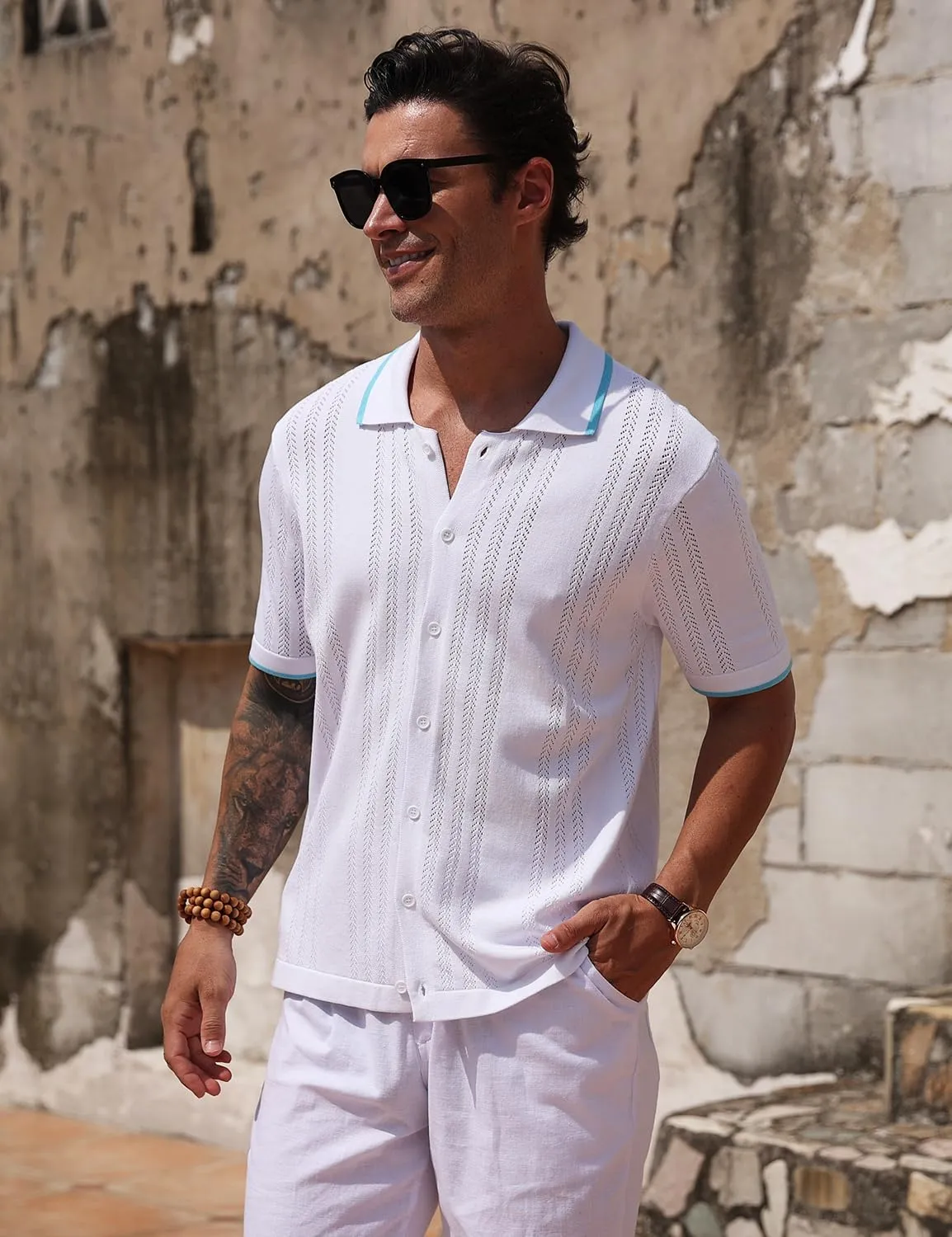 2025 New Men's Knit Button Down Shirt Vintage Short Sleeve Polo Shirts Summer Casual Beach Tops S-3XL