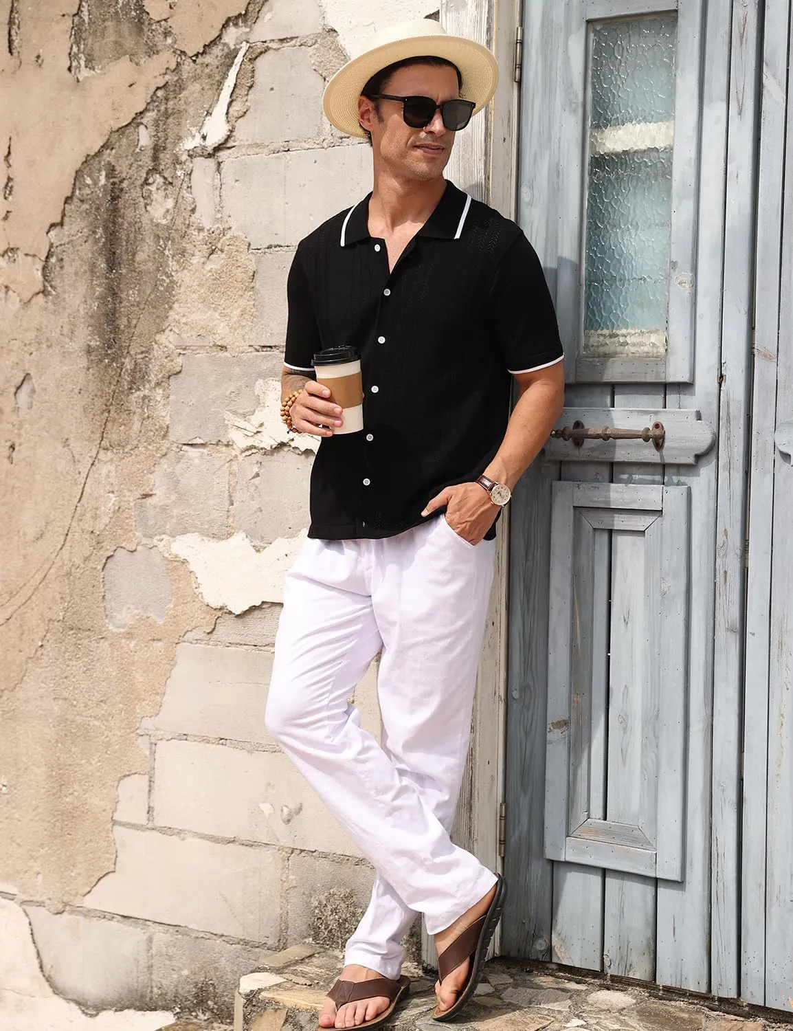 2025 New Men's Knit Button Down Shirt Vintage Short Sleeve Polo Shirts Summer Casual Beach Tops S-3XL