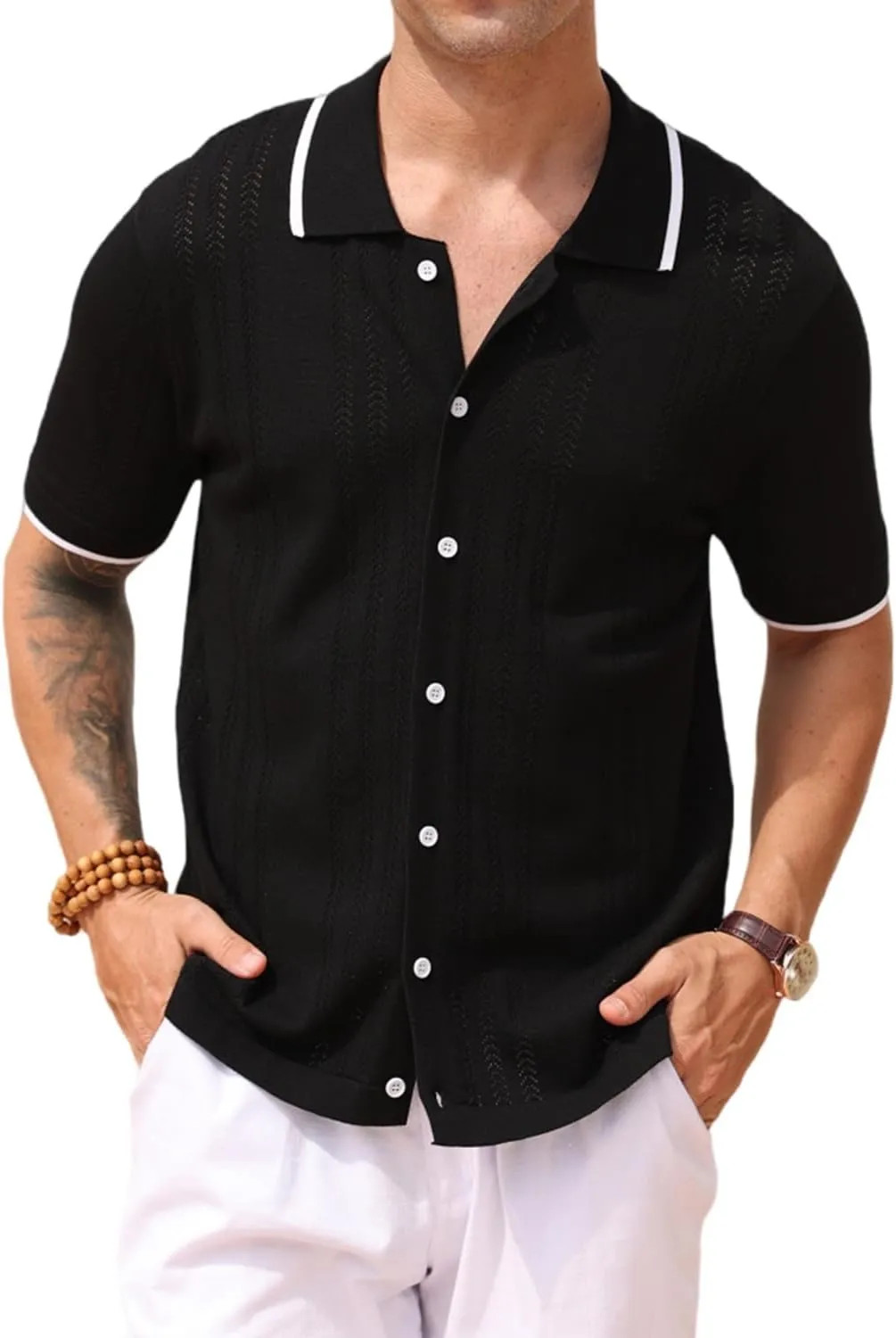 2025 New Men's Knit Button Down Shirt Vintage Short Sleeve Polo Shirts Summer Casual Beach Tops S-3XL