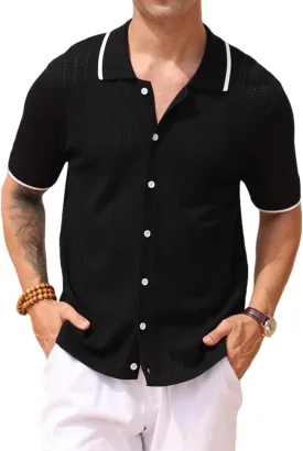 2025 New Men's Knit Button Down Shirt Vintage Short Sleeve Polo Shirts Summer Casual Beach Tops S-3XL