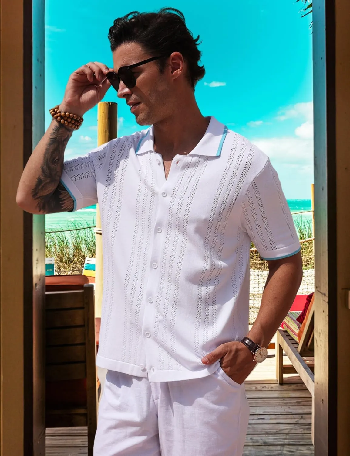 2025 New Men's Knit Button Down Shirt Vintage Short Sleeve Polo Shirts Summer Casual Beach Tops S-3XL
