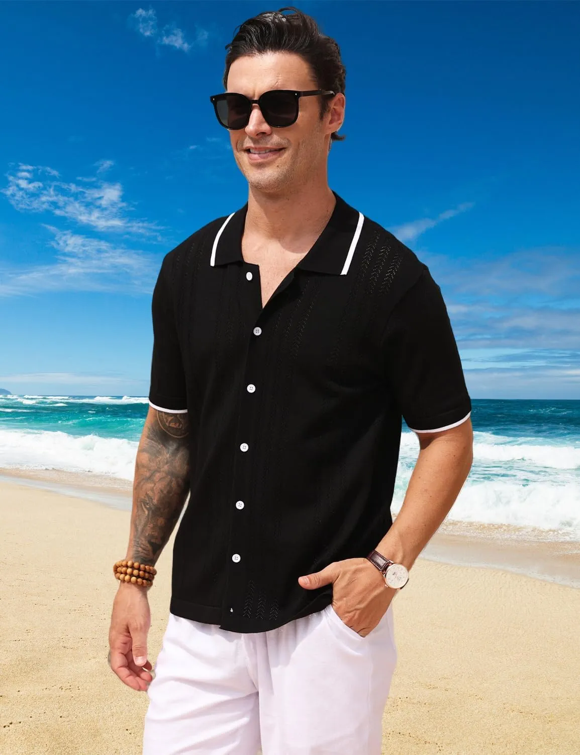 2025 New Men's Knit Button Down Shirt Vintage Short Sleeve Polo Shirts Summer Casual Beach Tops S-3XL