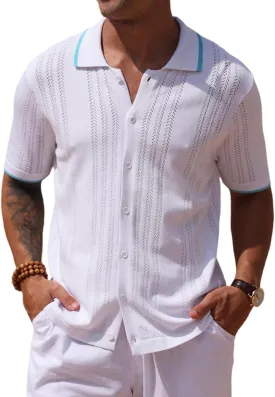2025 New Men's Knit Button Down Shirt Vintage Short Sleeve Polo Shirts Summer Casual Beach Tops S-3XL