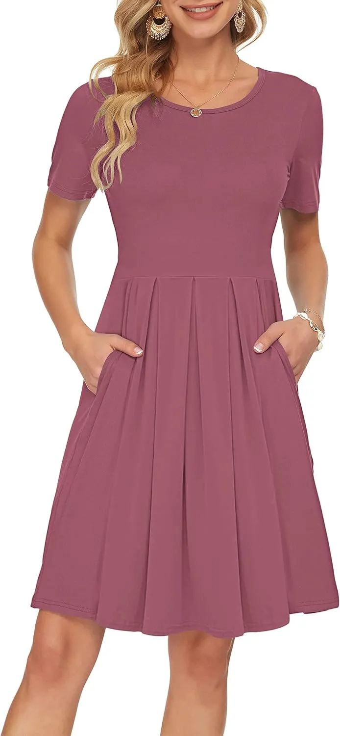 AUSELILY Women's Short Sleeve Summer Dress Pleated Loose Swing Knee Length Dresses with Pockets 2025 New