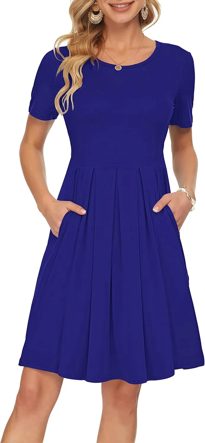 AUSELILY Women's Short Sleeve Summer Dress Pleated Loose Swing Knee Length Dresses with Pockets 2025 New