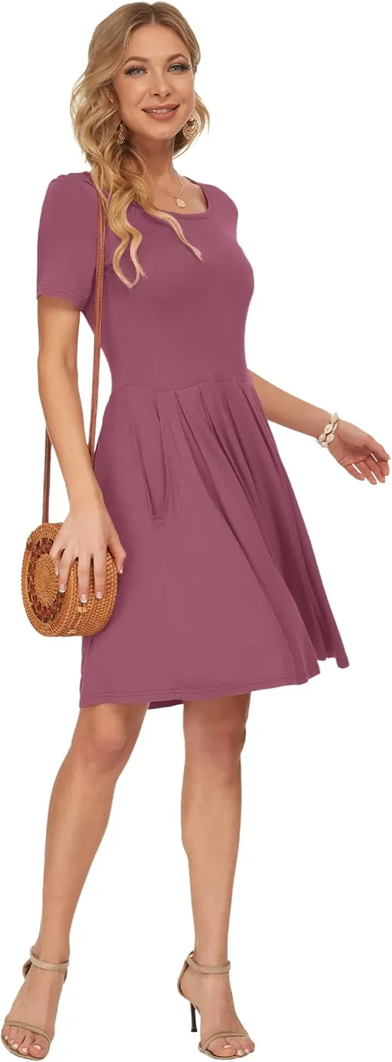 AUSELILY Women's Short Sleeve Summer Dress Pleated Loose Swing Knee Length Dresses with Pockets 2025 New
