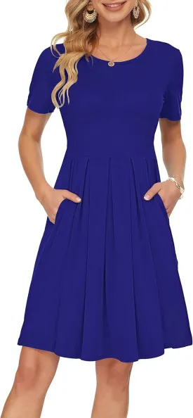 AUSELILY Women's Short Sleeve Summer Dress Pleated Loose Swing Knee Length Dresses with Pockets 2025 New