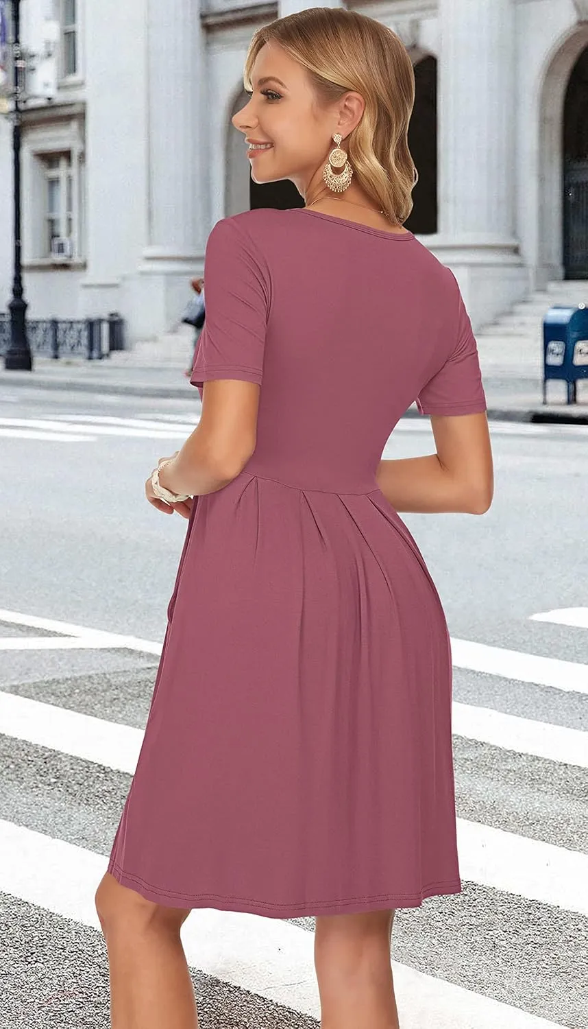 AUSELILY Women's Short Sleeve Summer Dress Pleated Loose Swing Knee Length Dresses with Pockets 2025 New