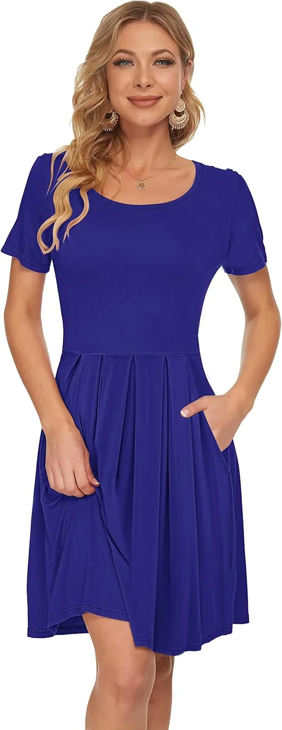 AUSELILY Women's Short Sleeve Summer Dress Pleated Loose Swing Knee Length Dresses with Pockets 2025 New