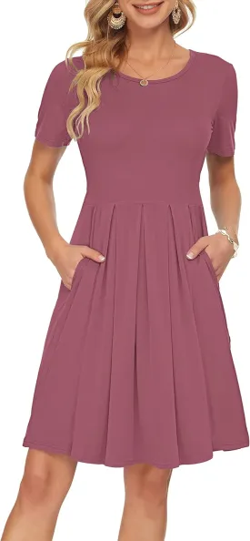 AUSELILY Women's Short Sleeve Summer Dress Pleated Loose Swing Knee Length Dresses with Pockets 2025 New