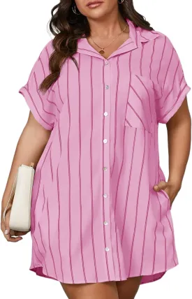 Beautife Women's Plus Size Button Down Shirt Dress Summer Striped Short Sleeve Casual Loose Fit Office Mini Dress