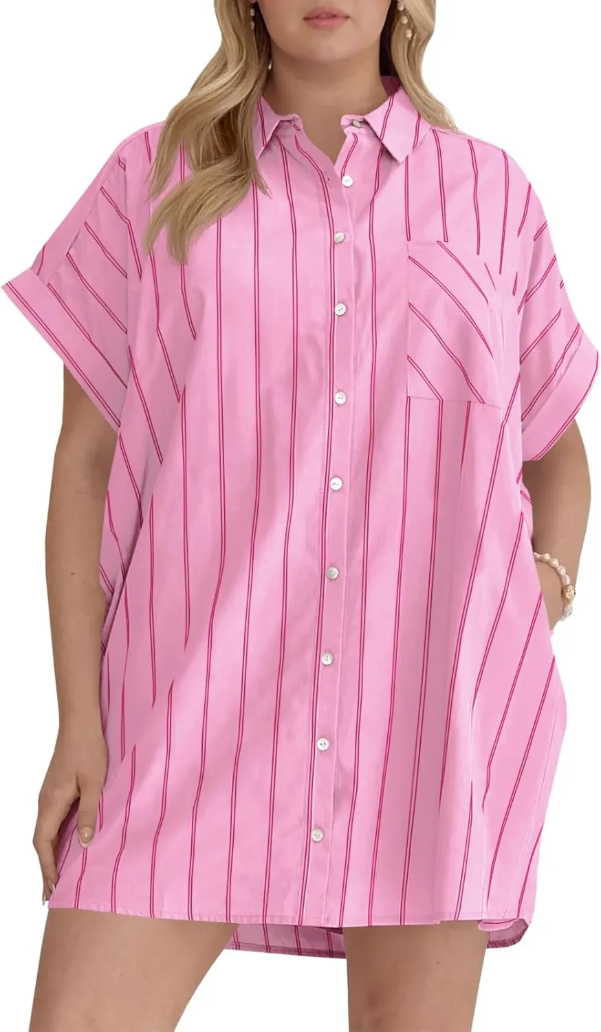 Beautife Women's Plus Size Button Down Shirt Dress Summer Striped Short Sleeve Casual Loose Fit Office Mini Dress