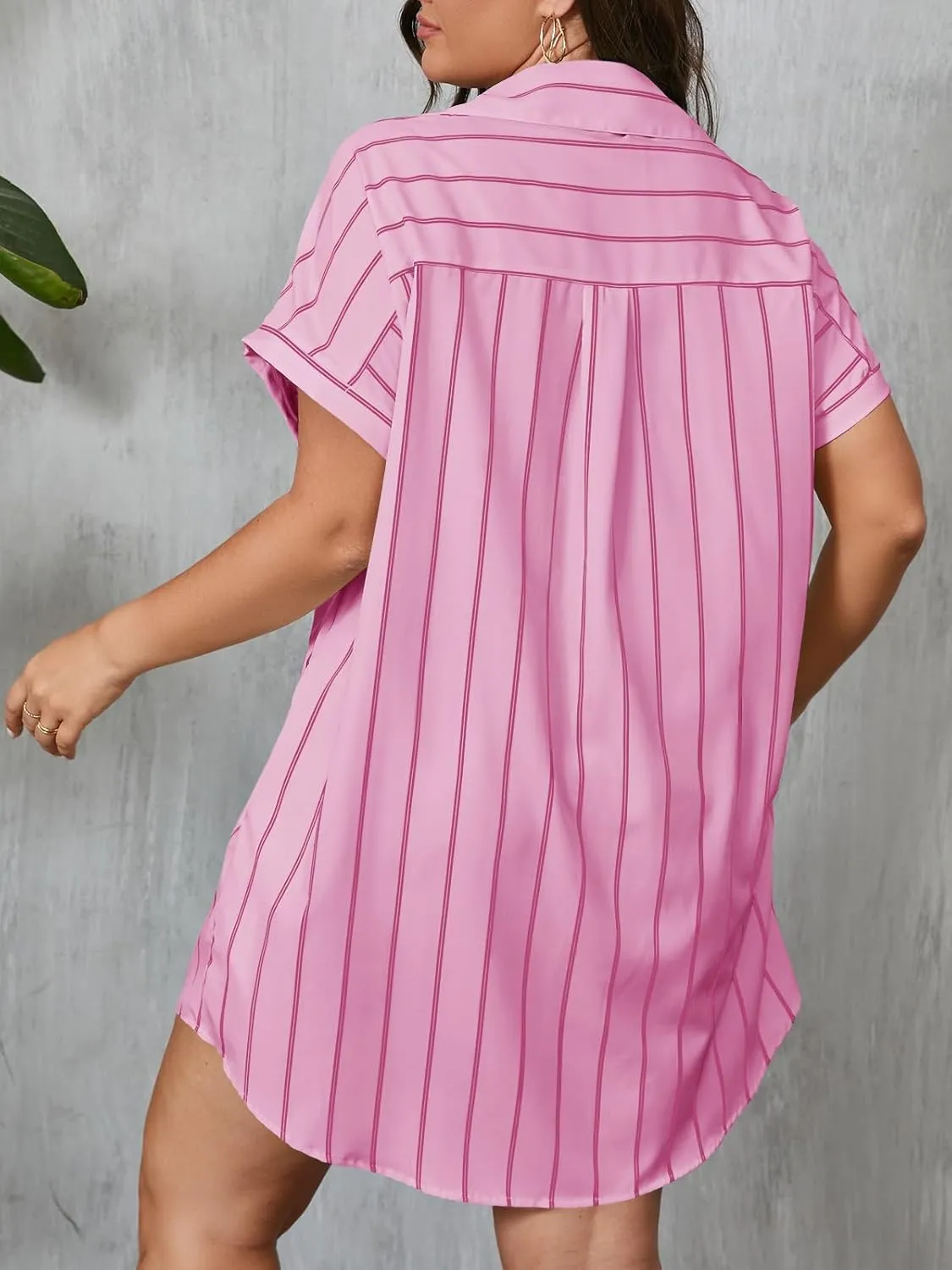 Beautife Women's Plus Size Button Down Shirt Dress Summer Striped Short Sleeve Casual Loose Fit Office Mini Dress