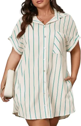 Beautife Women's Plus Size Button Down Shirt Dress Summer Striped Short Sleeve Casual Loose Fit Office Mini Dress