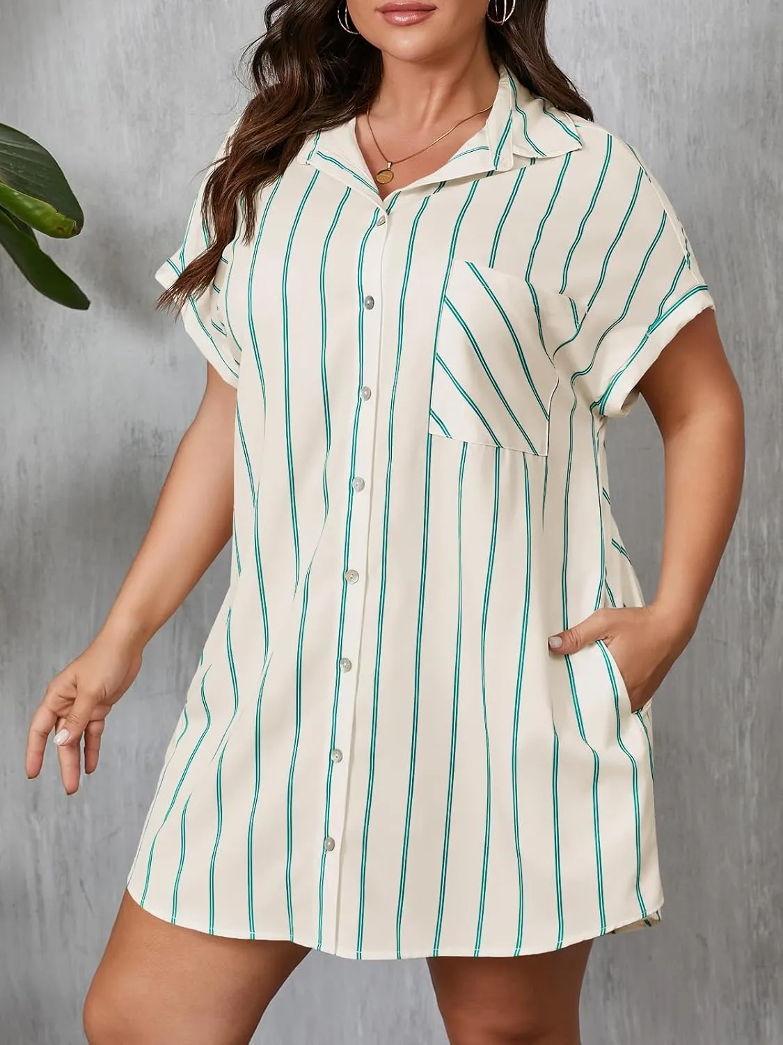Beautife Women's Plus Size Button Down Shirt Dress Summer Striped Short Sleeve Casual Loose Fit Office Mini Dress