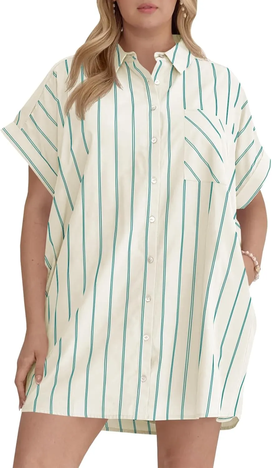 Beautife Women's Plus Size Button Down Shirt Dress Summer Striped Short Sleeve Casual Loose Fit Office Mini Dress