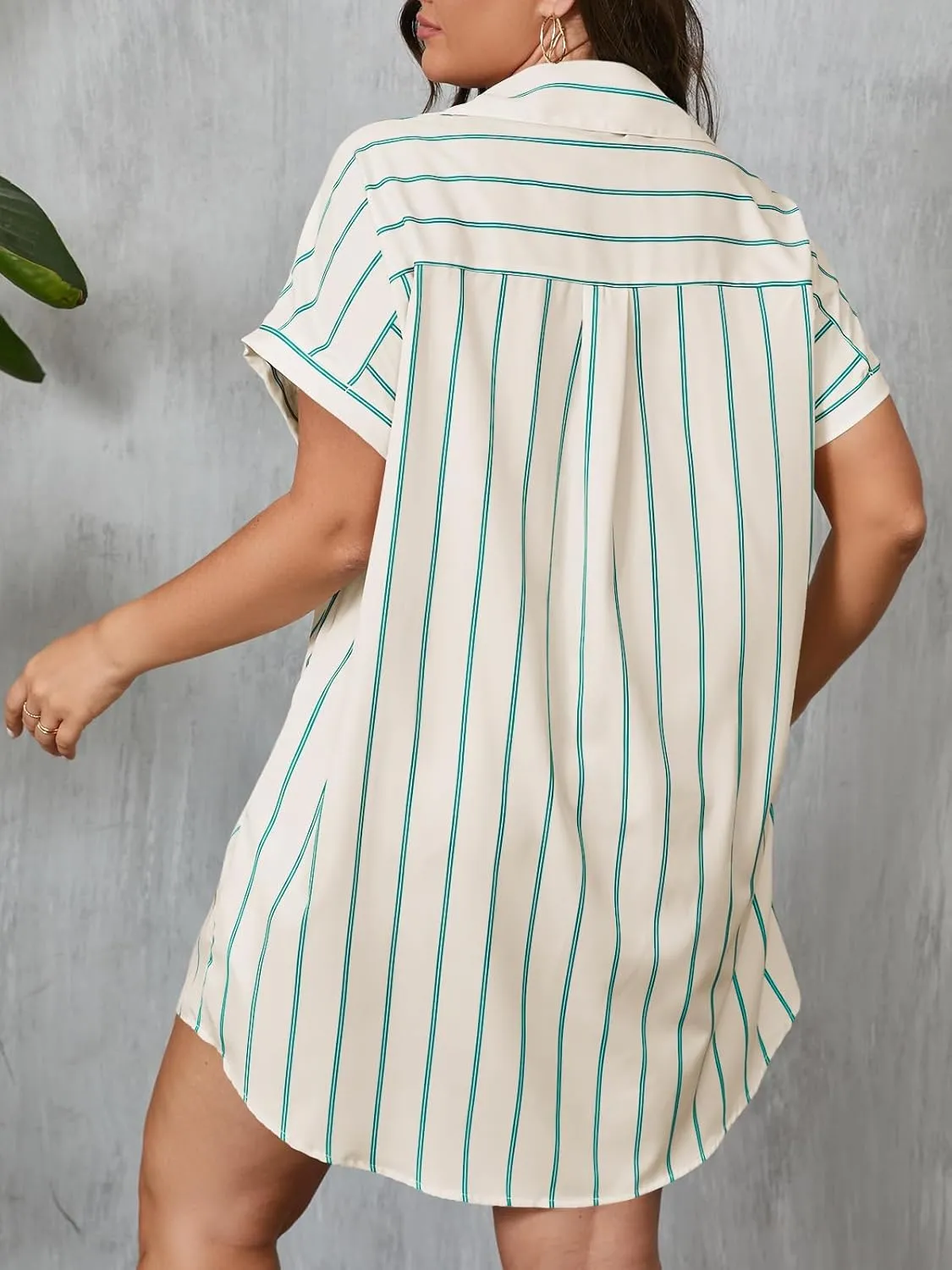Beautife Women's Plus Size Button Down Shirt Dress Summer Striped Short Sleeve Casual Loose Fit Office Mini Dress