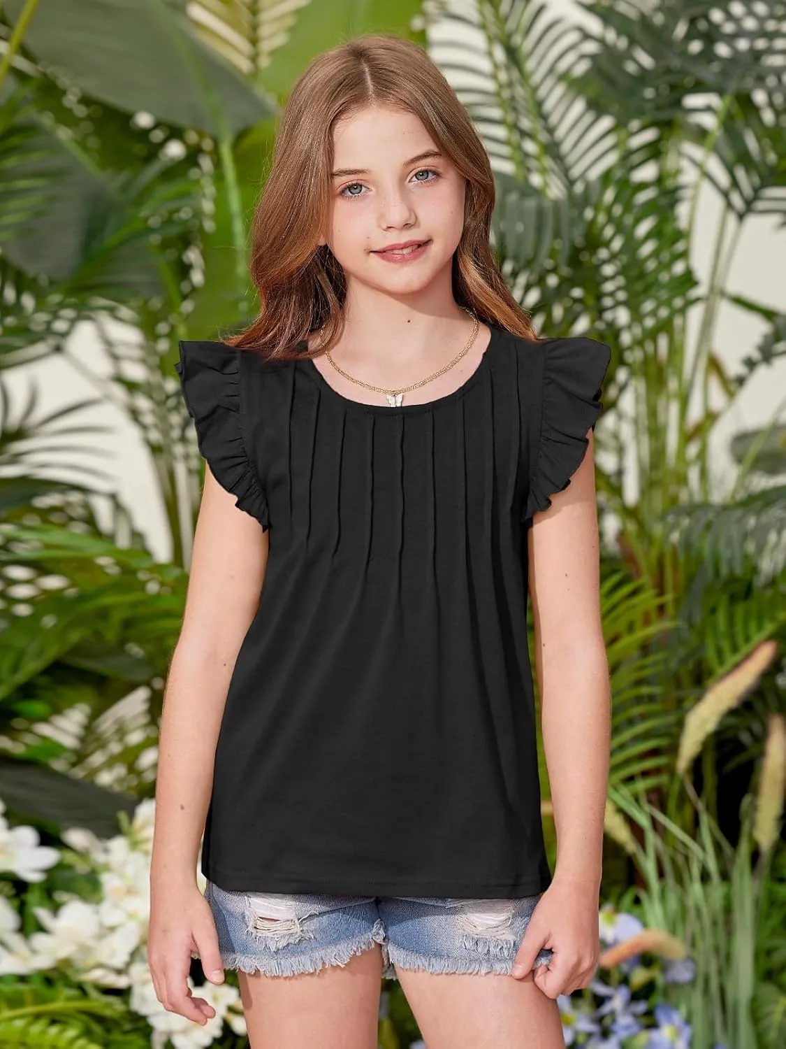 BesserBay Girls Summer Flutter Sleeve Crew Neck Pleated Front Tops Solid Shirred Casual Loose Fit Shirts 5-14 Years