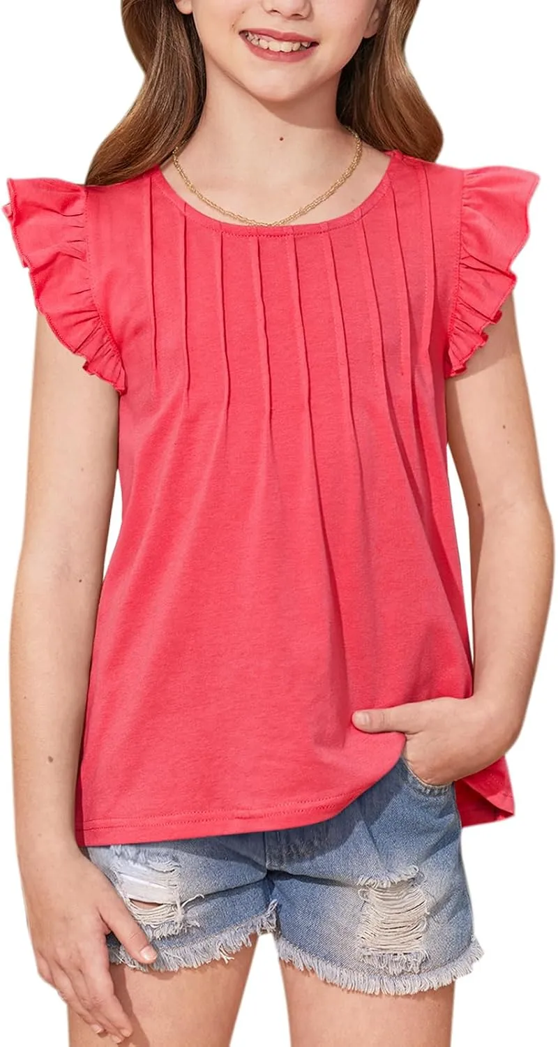 BesserBay Girls Summer Flutter Sleeve Crew Neck Pleated Front Tops Solid Shirred Casual Loose Fit Shirts 5-14 Years