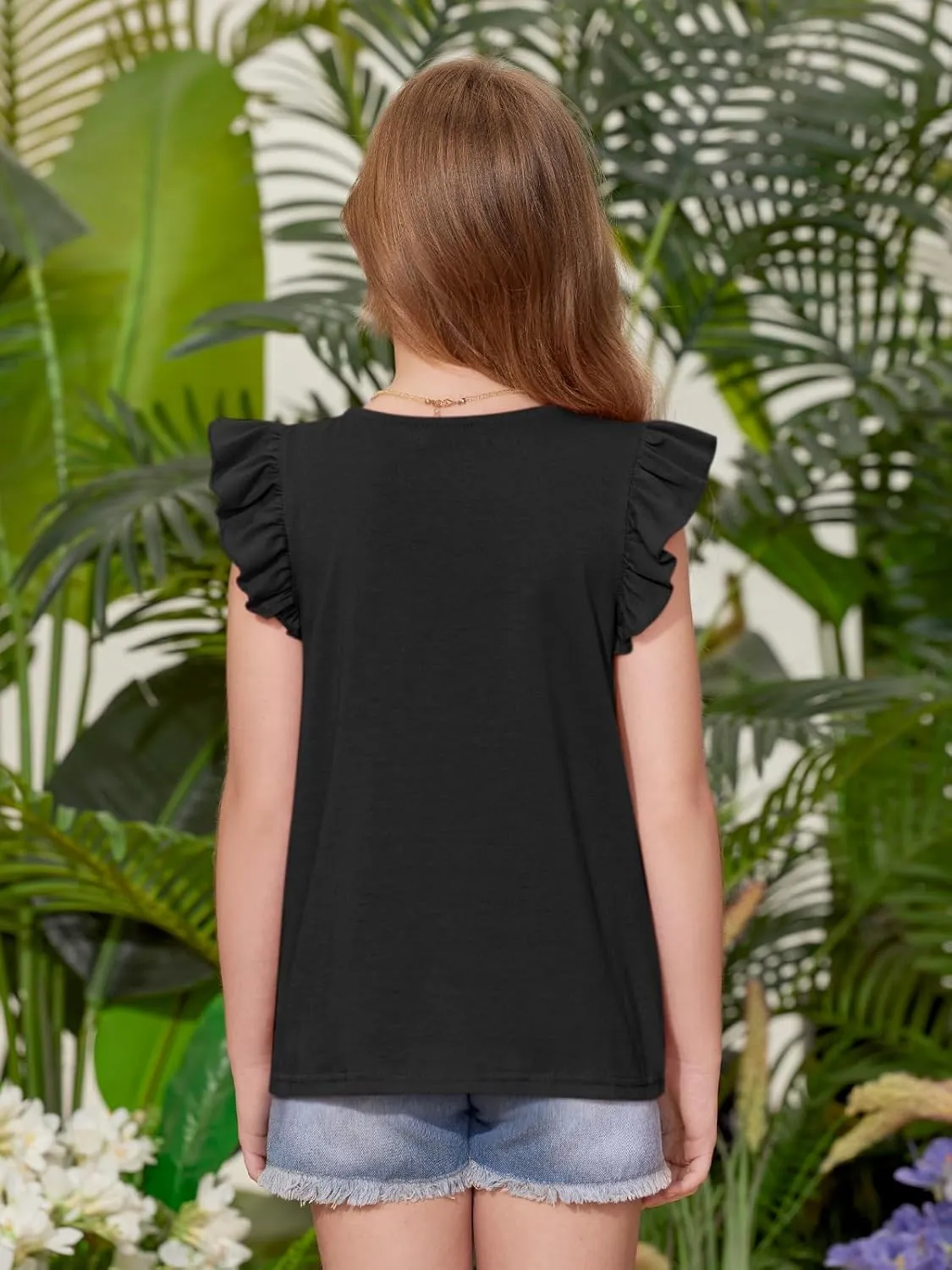 BesserBay Girls Summer Flutter Sleeve Crew Neck Pleated Front Tops Solid Shirred Casual Loose Fit Shirts 5-14 Years