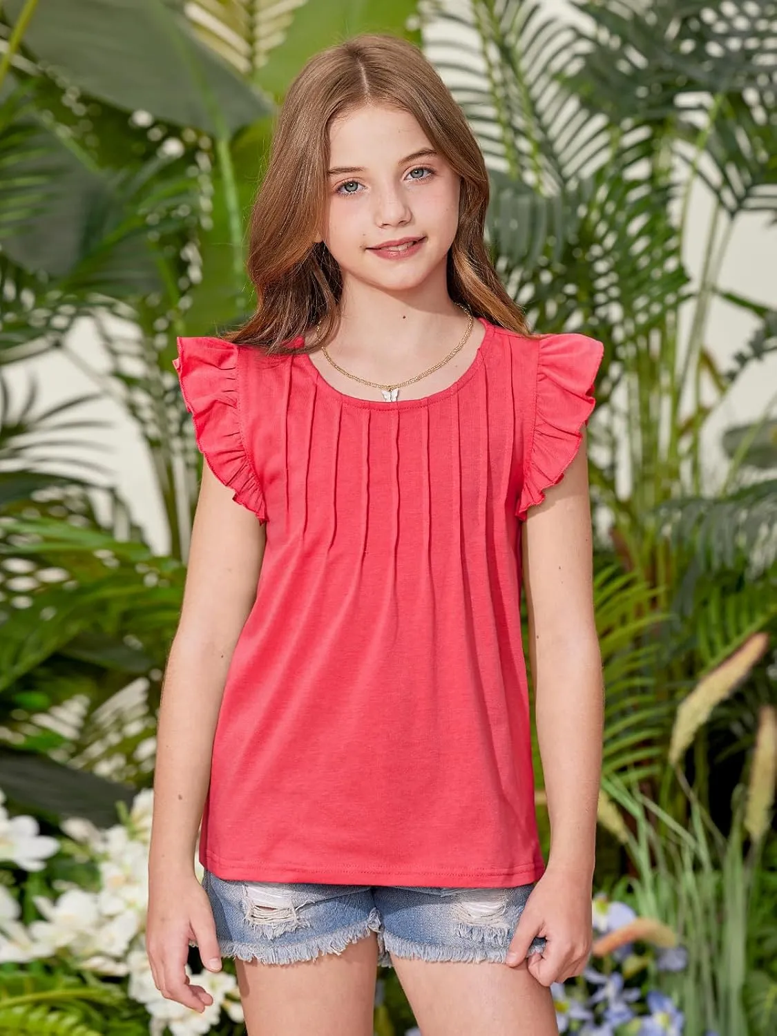 BesserBay Girls Summer Flutter Sleeve Crew Neck Pleated Front Tops Solid Shirred Casual Loose Fit Shirts 5-14 Years