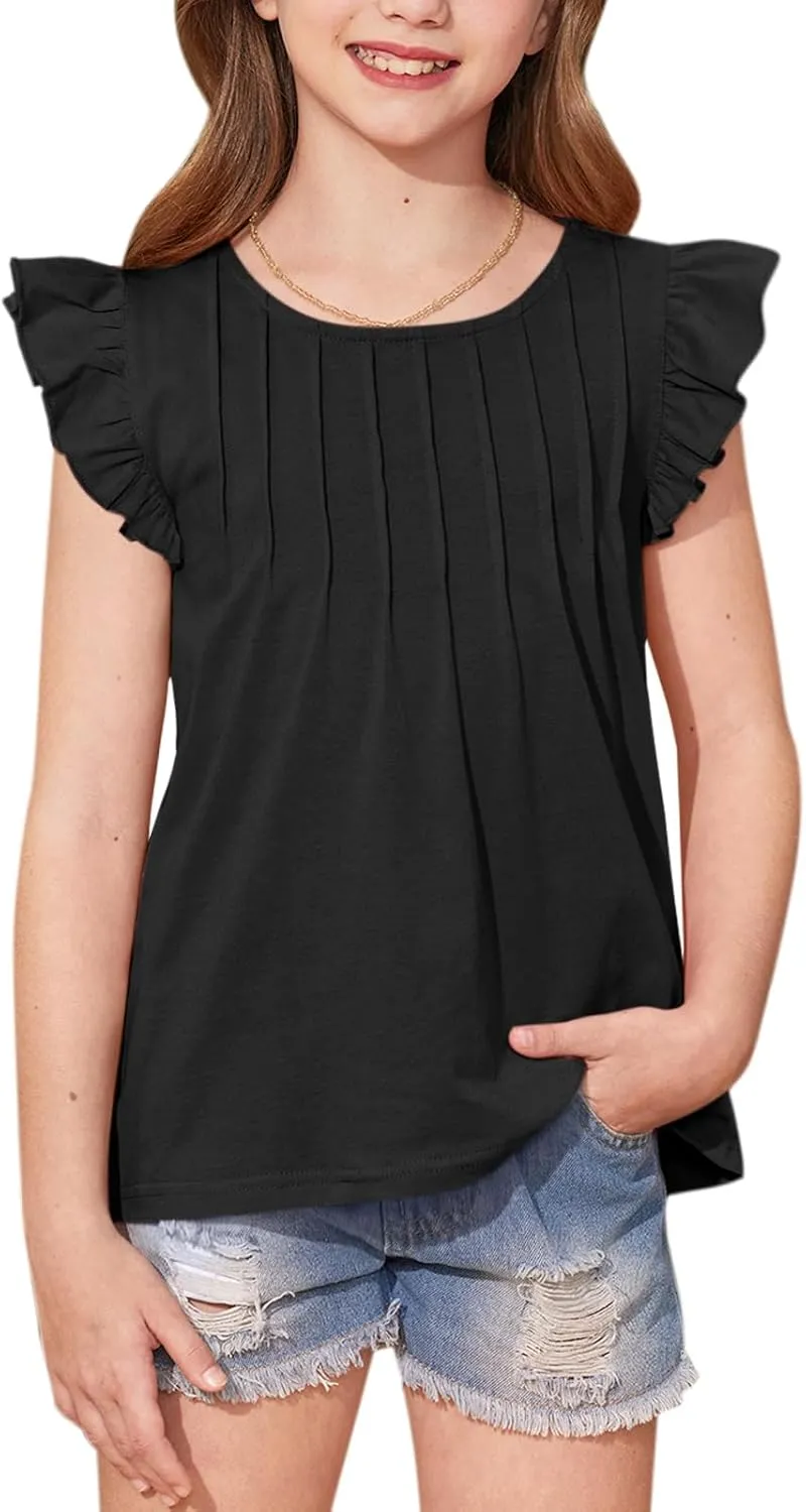 BesserBay Girls Summer Flutter Sleeve Crew Neck Pleated Front Tops Solid Shirred Casual Loose Fit Shirts 5-14 Years