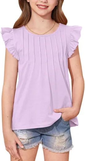 BesserBay Girls Summer Flutter Sleeve Crew Neck Pleated Front Tops Solid Shirred Casual Loose Fit Shirts 5-14 Years