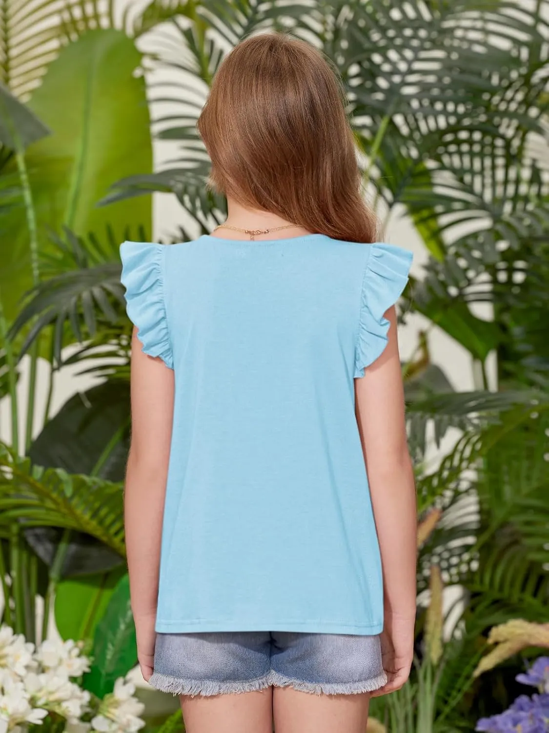 BesserBay Girls Summer Flutter Sleeve Crew Neck Pleated Front Tops Solid Shirred Casual Loose Fit Shirts 5-14 Years