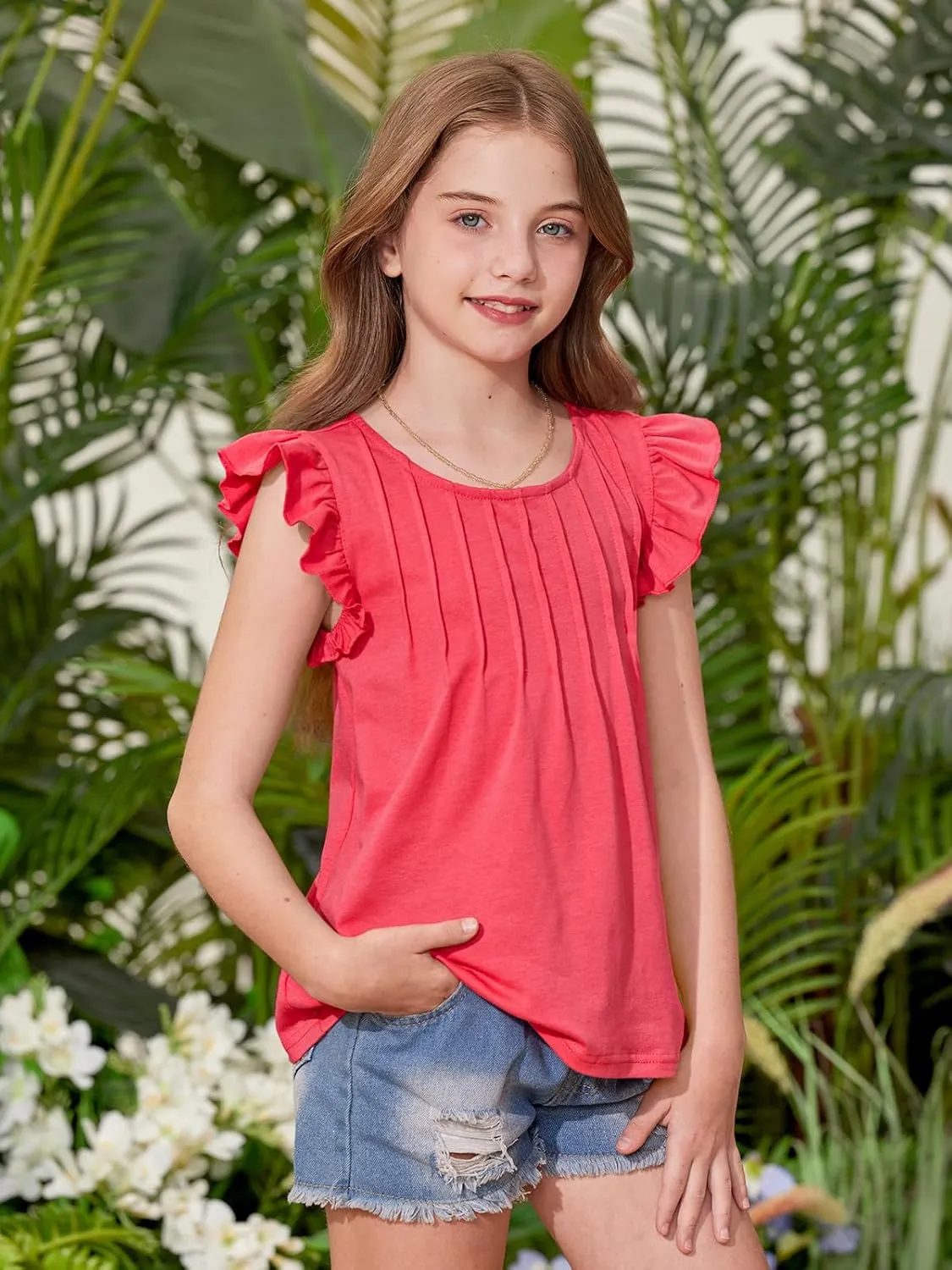 BesserBay Girls Summer Flutter Sleeve Crew Neck Pleated Front Tops Solid Shirred Casual Loose Fit Shirts 5-14 Years