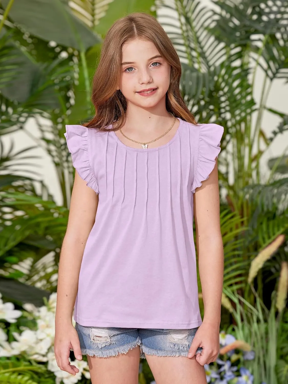 BesserBay Girls Summer Flutter Sleeve Crew Neck Pleated Front Tops Solid Shirred Casual Loose Fit Shirts 5-14 Years