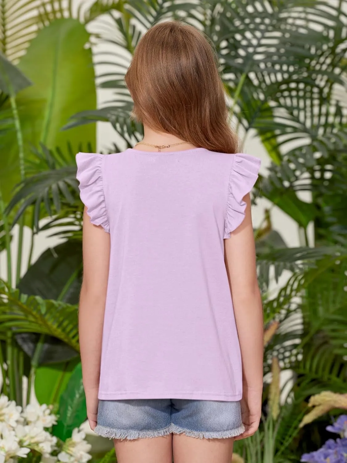 BesserBay Girls Summer Flutter Sleeve Crew Neck Pleated Front Tops Solid Shirred Casual Loose Fit Shirts 5-14 Years