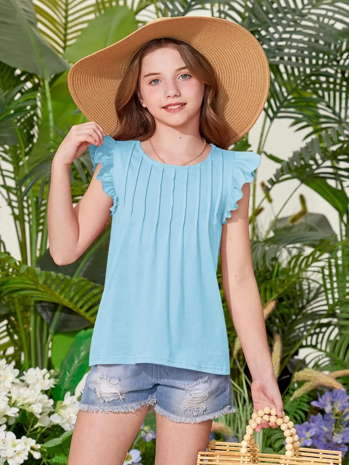 BesserBay Girls Summer Flutter Sleeve Crew Neck Pleated Front Tops Solid Shirred Casual Loose Fit Shirts 5-14 Years