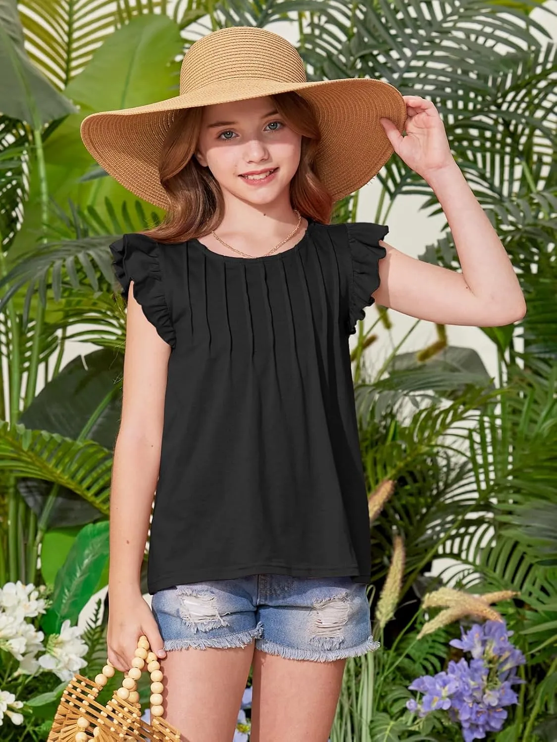 BesserBay Girls Summer Flutter Sleeve Crew Neck Pleated Front Tops Solid Shirred Casual Loose Fit Shirts 5-14 Years