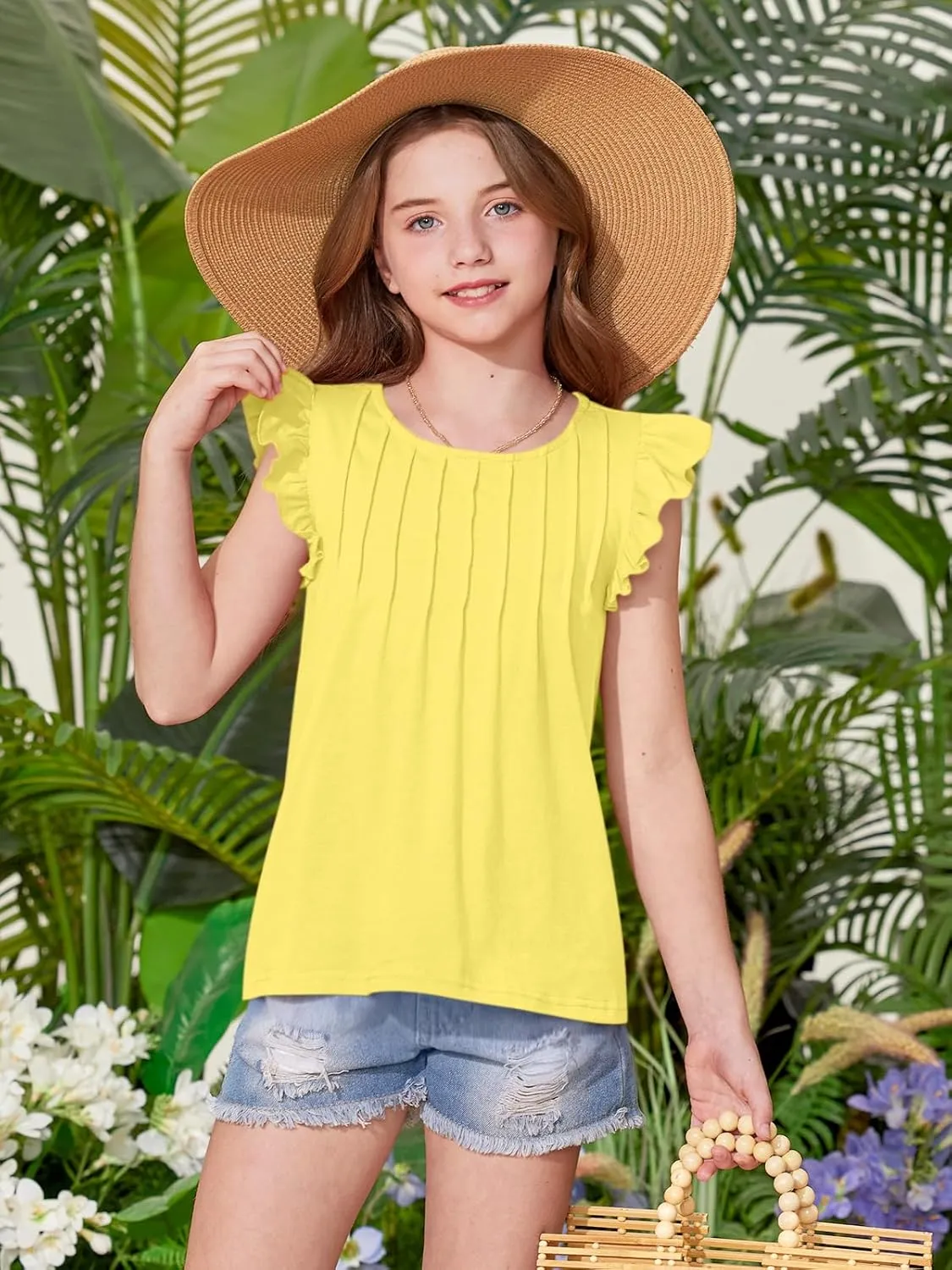 BesserBay Girls Summer Flutter Sleeve Crew Neck Pleated Front Tops Solid Shirred Casual Loose Fit Shirts 5-14 Years
