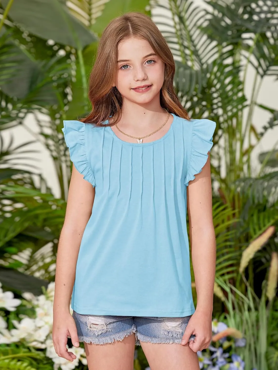 BesserBay Girls Summer Flutter Sleeve Crew Neck Pleated Front Tops Solid Shirred Casual Loose Fit Shirts 5-14 Years