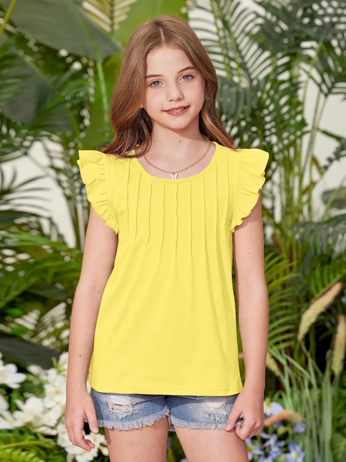 BesserBay Girls Summer Flutter Sleeve Crew Neck Pleated Front Tops Solid Shirred Casual Loose Fit Shirts 5-14 Years