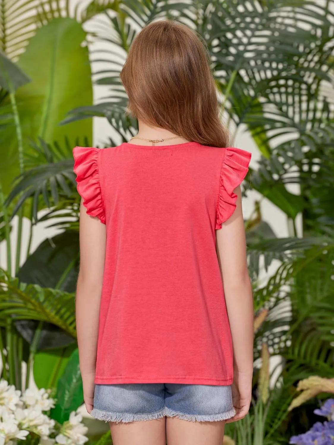 BesserBay Girls Summer Flutter Sleeve Crew Neck Pleated Front Tops Solid Shirred Casual Loose Fit Shirts 5-14 Years
