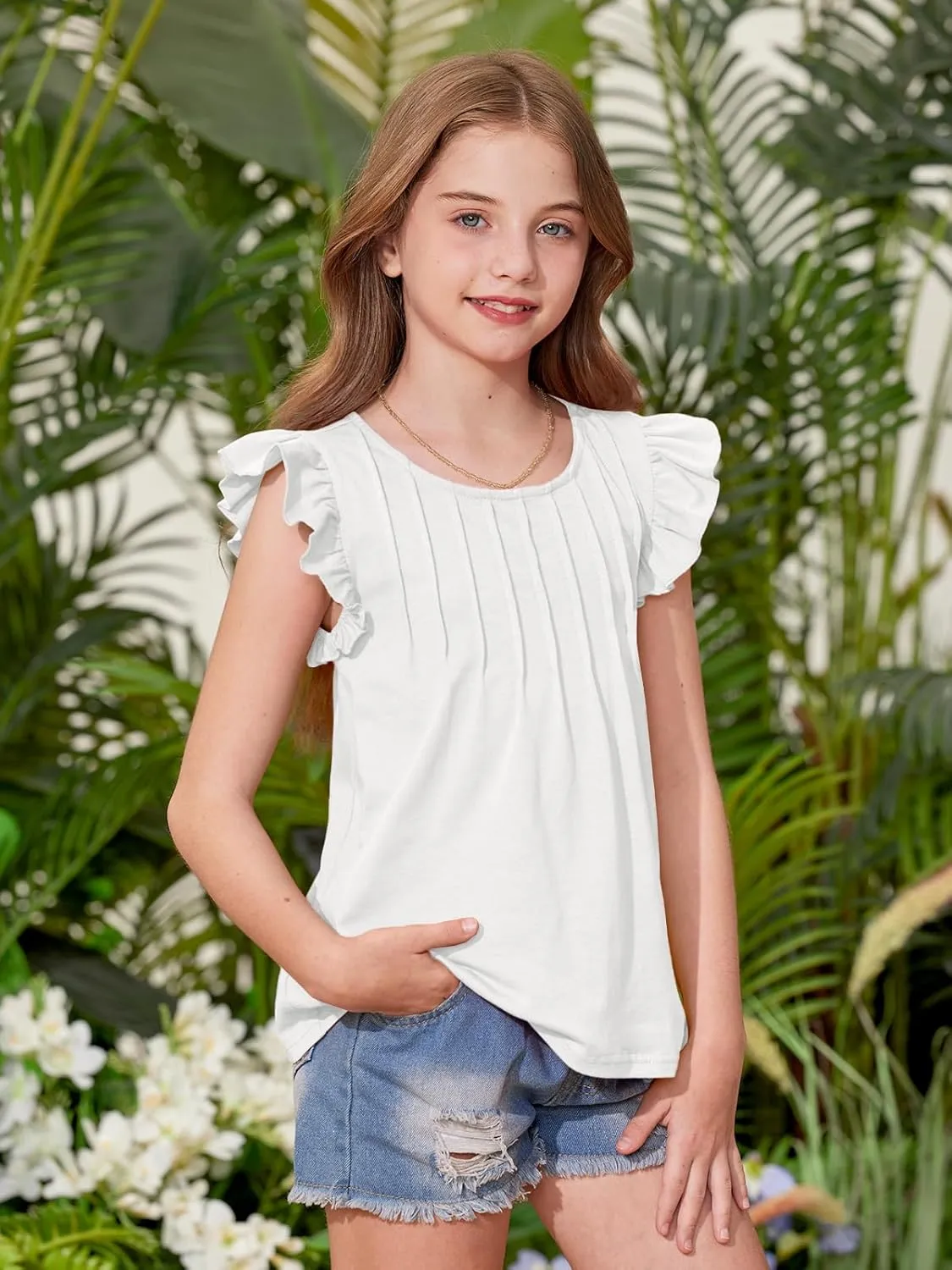 BesserBay Girls Summer Flutter Sleeve Crew Neck Pleated Front Tops Solid Shirred Casual Loose Fit Shirts 5-14 Years