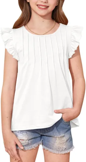 BesserBay Girls Summer Flutter Sleeve Crew Neck Pleated Front Tops Solid Shirred Casual Loose Fit Shirts 5-14 Years