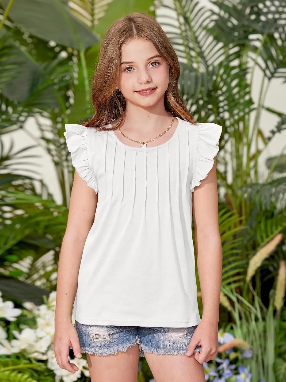 BesserBay Girls Summer Flutter Sleeve Crew Neck Pleated Front Tops Solid Shirred Casual Loose Fit Shirts 5-14 Years