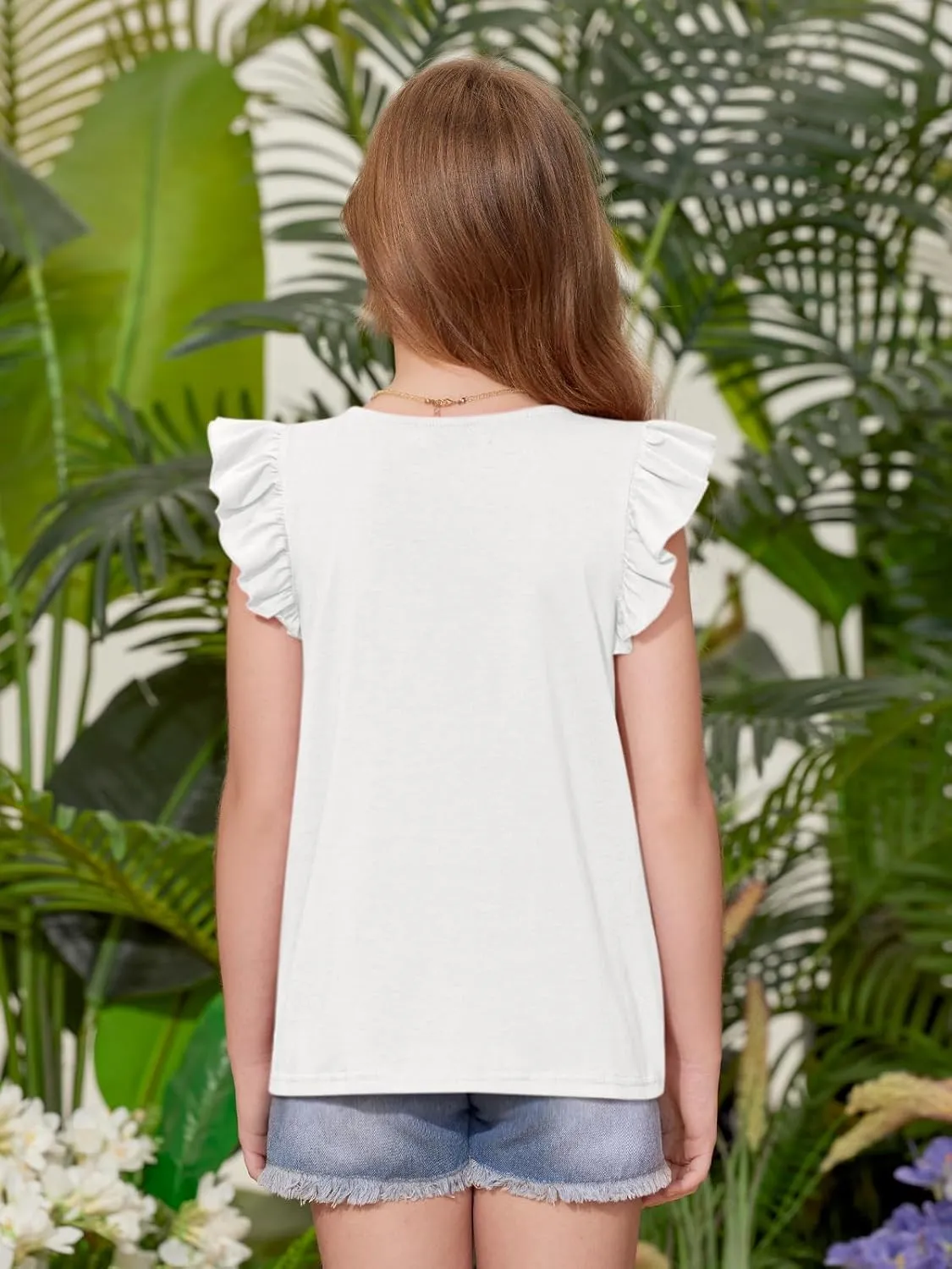 BesserBay Girls Summer Flutter Sleeve Crew Neck Pleated Front Tops Solid Shirred Casual Loose Fit Shirts 5-14 Years