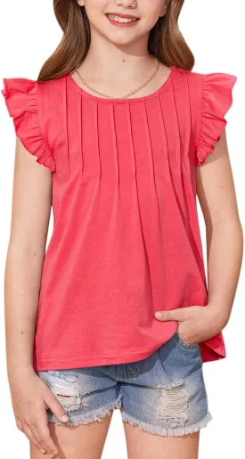 BesserBay Girls Summer Flutter Sleeve Crew Neck Pleated Front Tops Solid Shirred Casual Loose Fit Shirts 5-14 Years