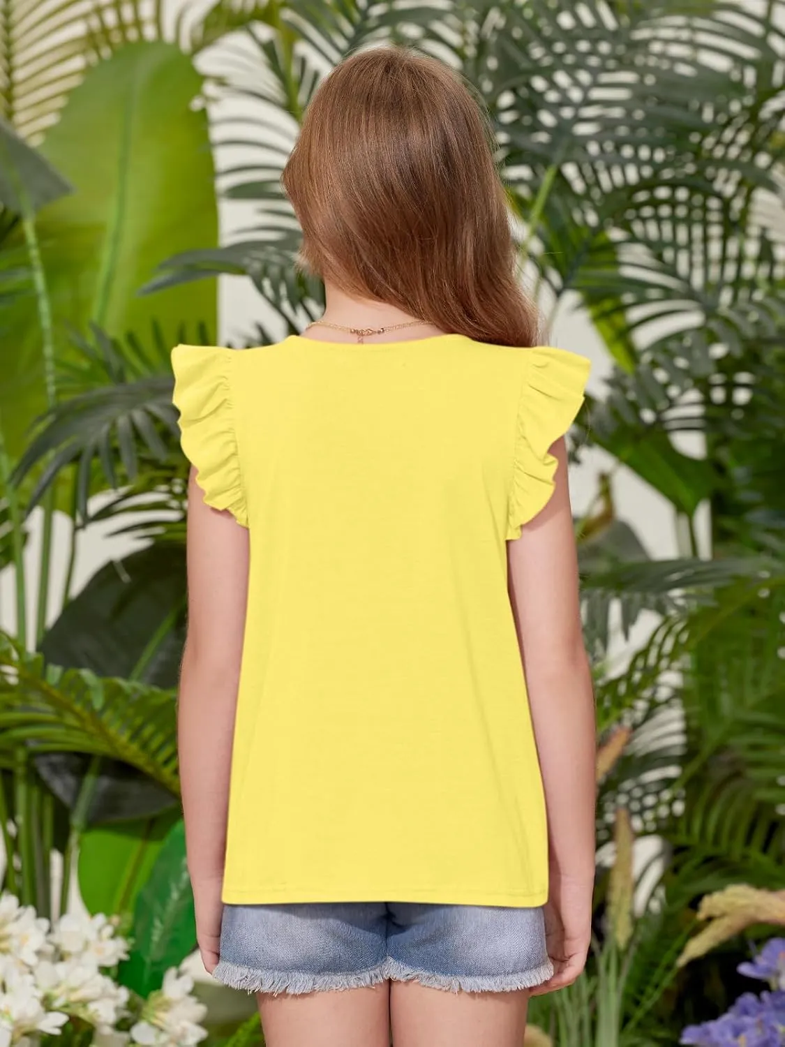 BesserBay Girls Summer Flutter Sleeve Crew Neck Pleated Front Tops Solid Shirred Casual Loose Fit Shirts 5-14 Years