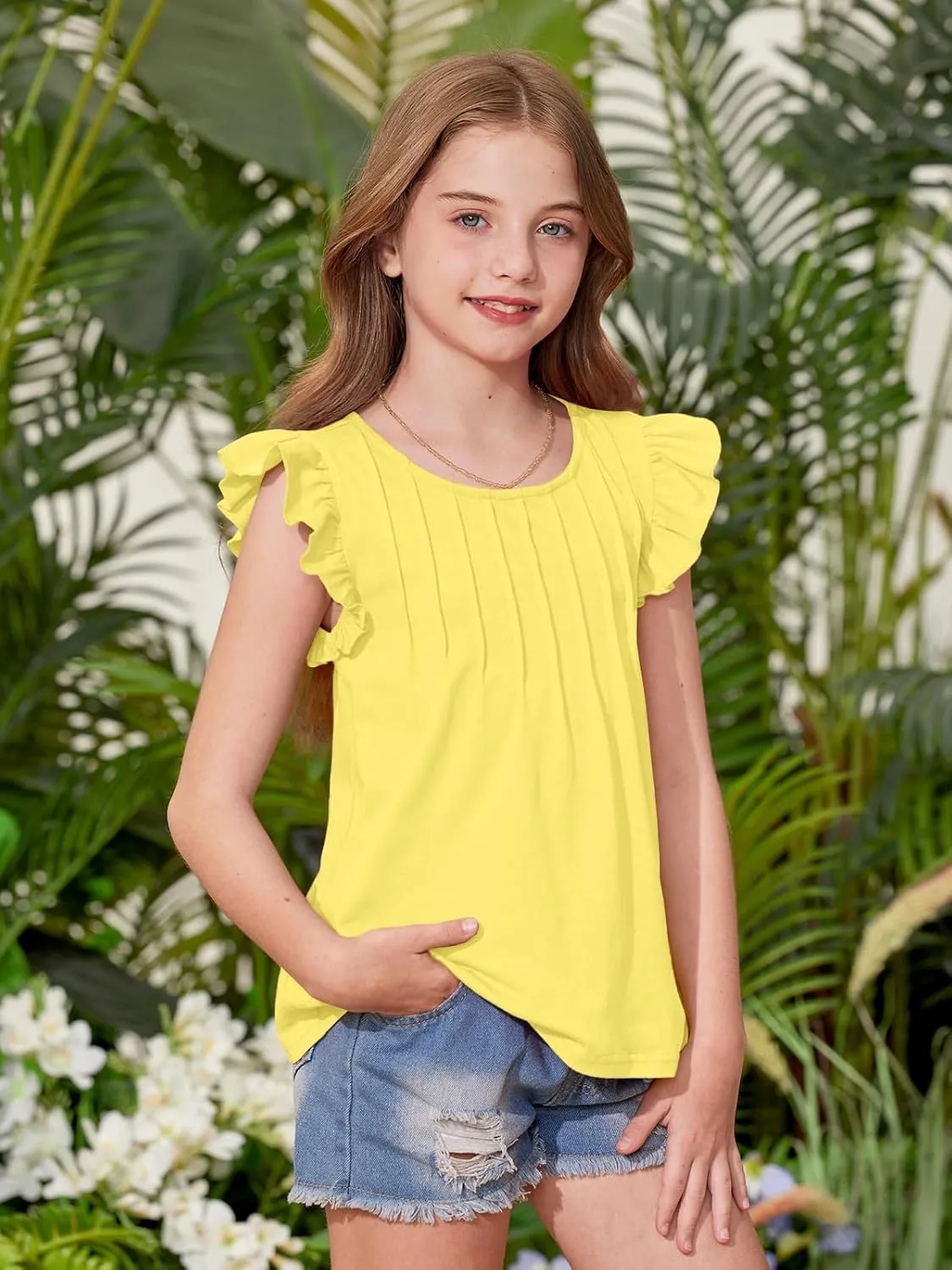 BesserBay Girls Summer Flutter Sleeve Crew Neck Pleated Front Tops Solid Shirred Casual Loose Fit Shirts 5-14 Years