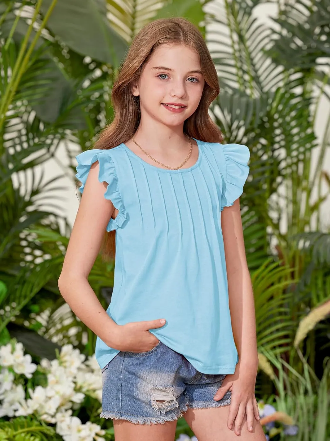 BesserBay Girls Summer Flutter Sleeve Crew Neck Pleated Front Tops Solid Shirred Casual Loose Fit Shirts 5-14 Years