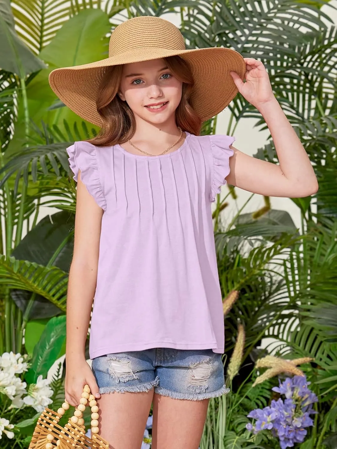 BesserBay Girls Summer Flutter Sleeve Crew Neck Pleated Front Tops Solid Shirred Casual Loose Fit Shirts 5-14 Years