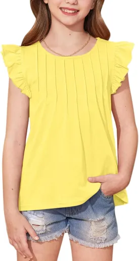 BesserBay Girls Summer Flutter Sleeve Crew Neck Pleated Front Tops Solid Shirred Casual Loose Fit Shirts 5-14 Years