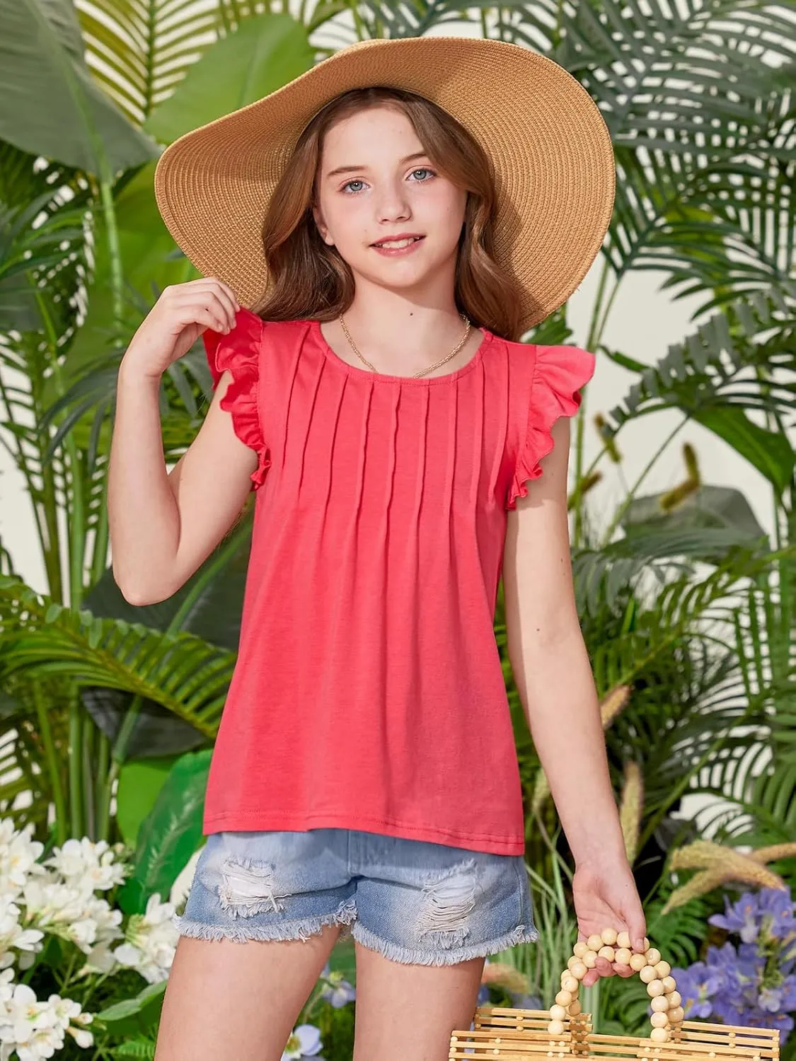 BesserBay Girls Summer Flutter Sleeve Crew Neck Pleated Front Tops Solid Shirred Casual Loose Fit Shirts 5-14 Years